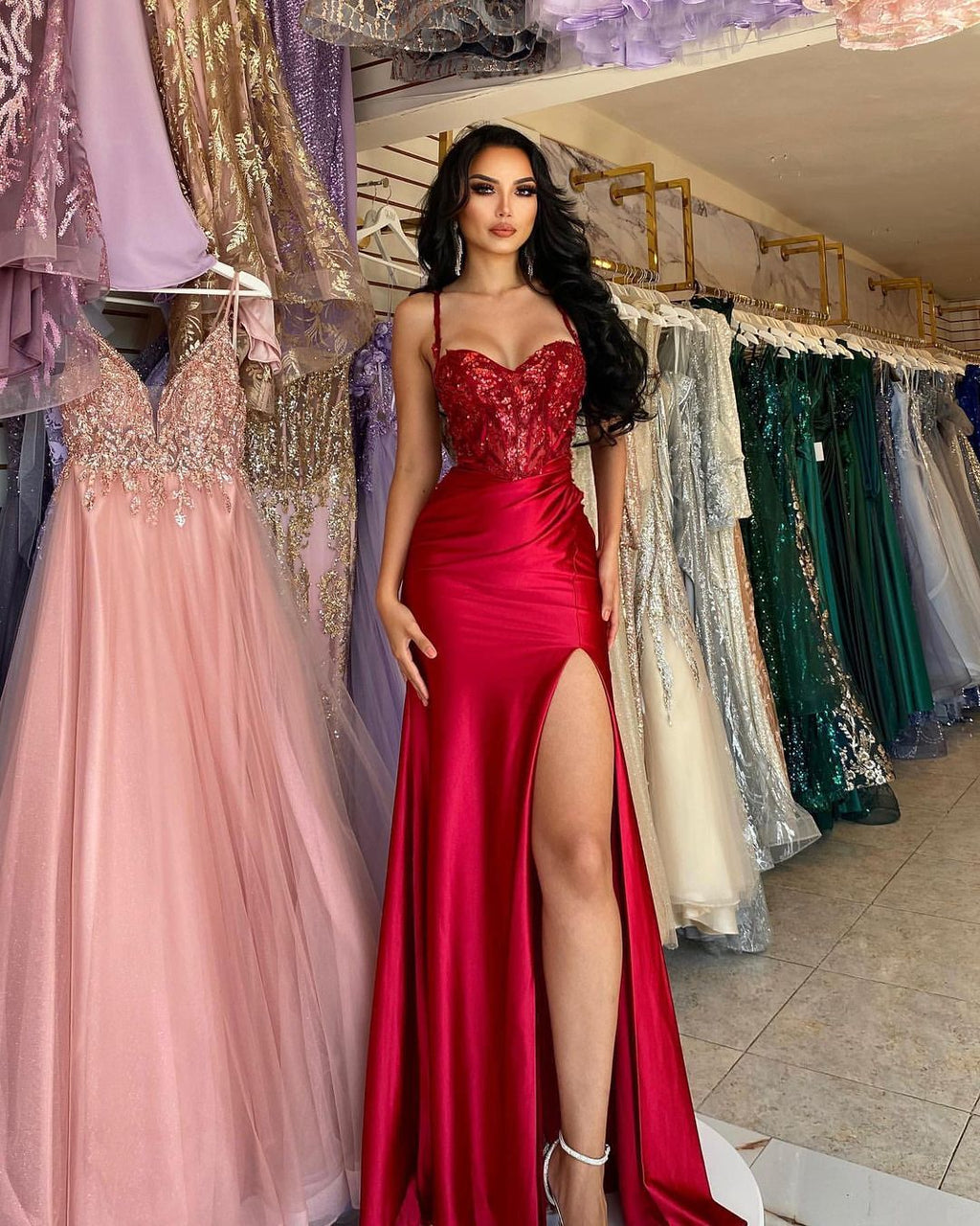 Red Evening Gown Red Gown Online Elegant Long Red Spaghetti Straps