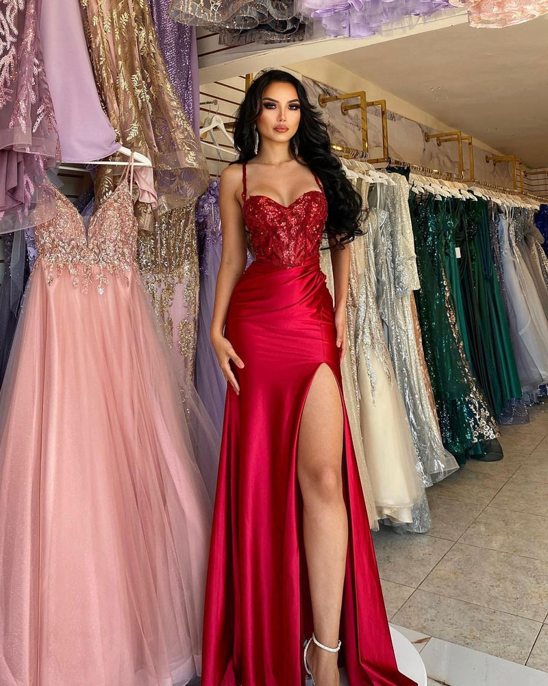 Elegant Long Red Spaghetti Straps Sequins Lace Sleeveless Prom Dresses Ballbella Elegant Long Red Spaghetti Straps Sequins Lace Sleeveless Prom Dresses Ballbella