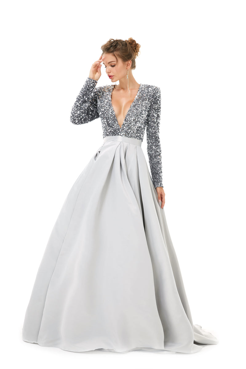 Elegant Long sleeve Deep V-neck Dark green Evening Dress | Ballbella Real Shooting-Ballbella