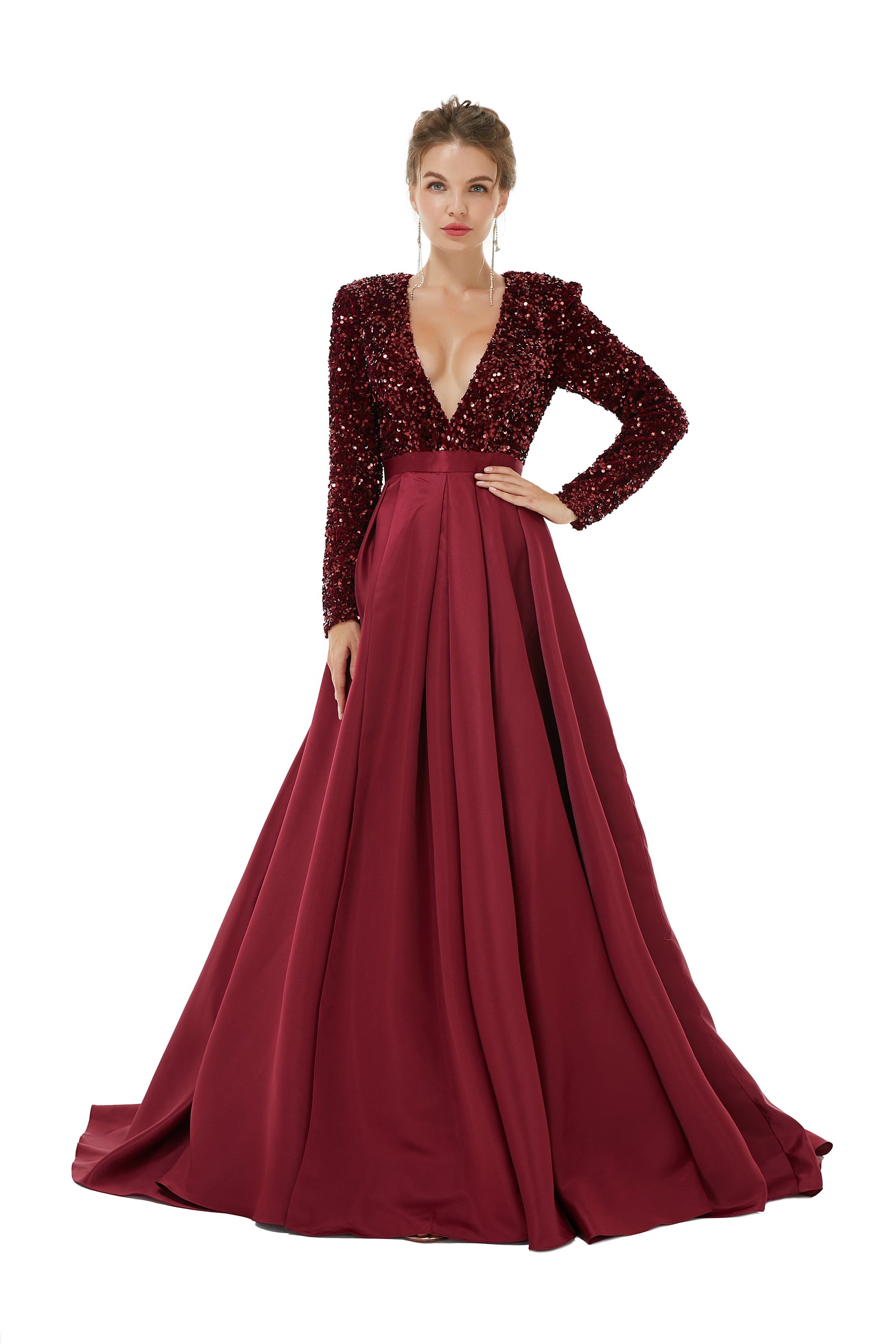 Elegant Long sleeve Deep V-neck Dark green Evening Dress | Ballbella R