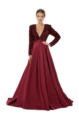 Elegant Long sleeve Deep V-neck Dark green Evening Dress | Ballbella Real Shooting-Ballbella