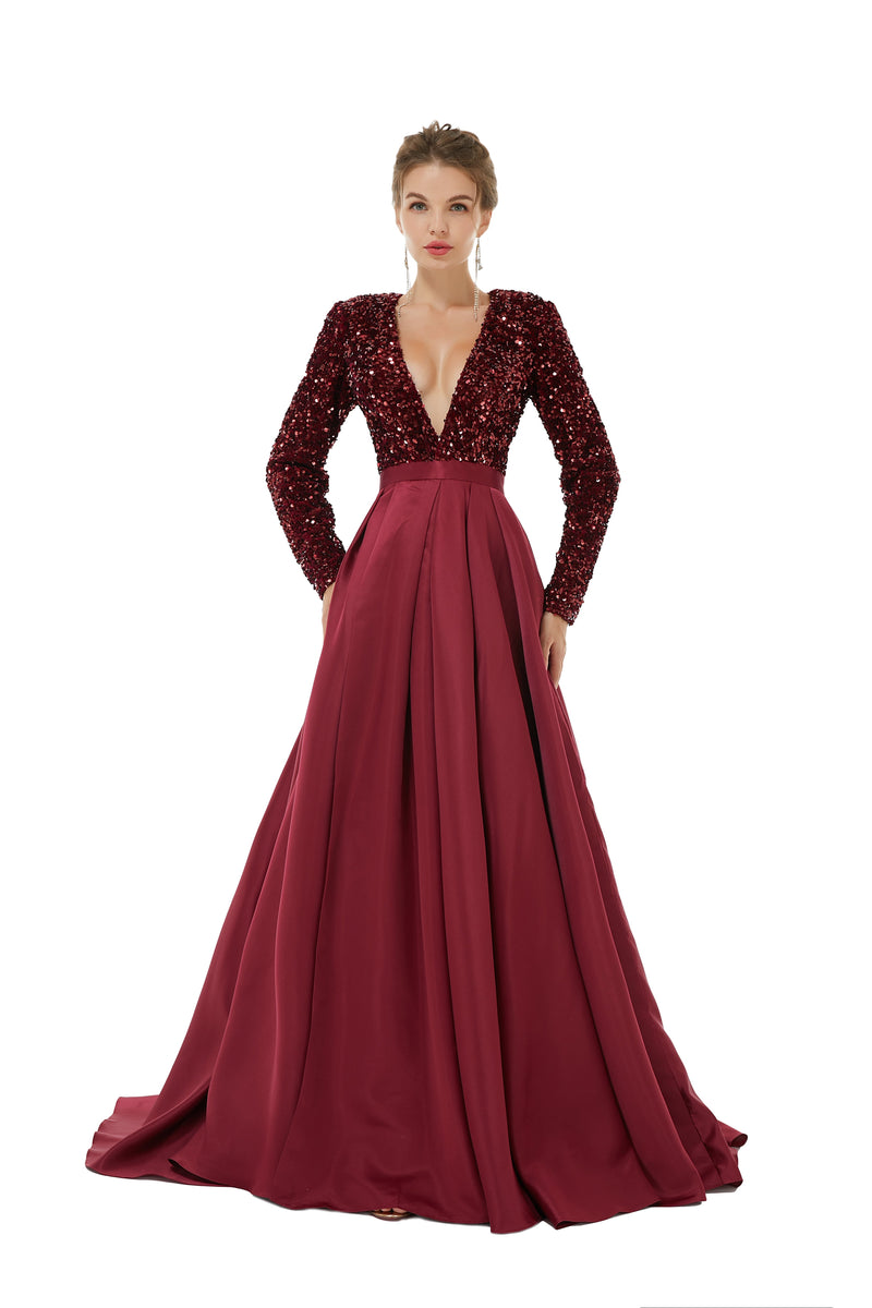 Elegant Long sleeve Deep V-neck Dark green Evening Dress | Ballbella R Elegant Long sleeve Deep V-neck Dark green Evening Dress | Ballbella R