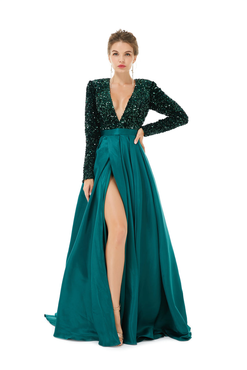 Elegant Long sleeve Deep V-neck Dark green Evening Dress | Ballbella R Elegant Long sleeve Deep V-neck Dark green Evening Dress | Ballbella R