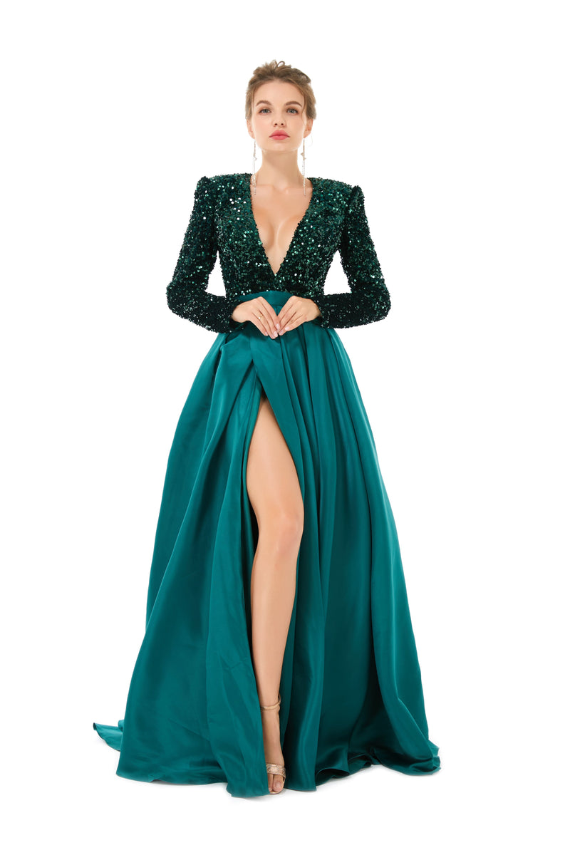 Elegant Long sleeve Deep V-neck Dark green Evening Dress | Ballbella R Elegant Long sleeve Deep V-neck Dark green Evening Dress | Ballbella R