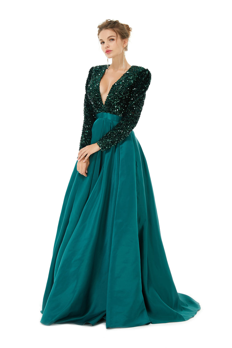 Elegant Long sleeve Deep V-neck Dark green Evening Dress | Ballbella R Elegant Long sleeve Deep V-neck Dark green Evening Dress | Ballbella R