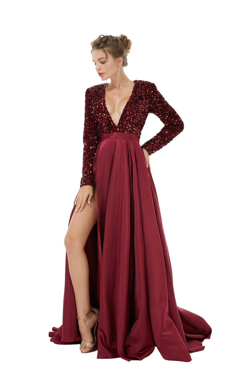 Elegant Long sleeve Deep V-neck Dark green Evening Dress