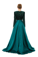 Elegant Long sleeve Deep V-neck Dark green Evening Dress | Ballbella Real Shooting-Ballbella