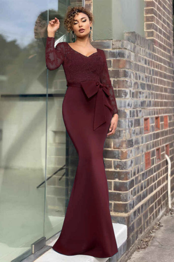 Elegant Long Sleeve Lace Evening Dress Mermaid V-Neck Online-Ballbella