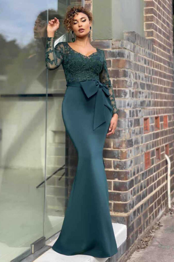 Elegant Long Sleeve Lace Evening Dress Mermaid V-Neck Online-Ballbella
