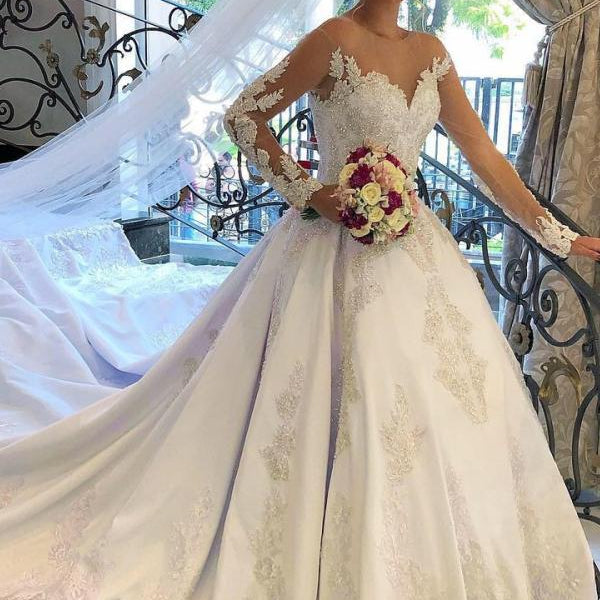long sleeve open back princess wedding dresses Elegant Long Sleeve Lace Wedding Dress Princess Bridal Wear Zipper Back