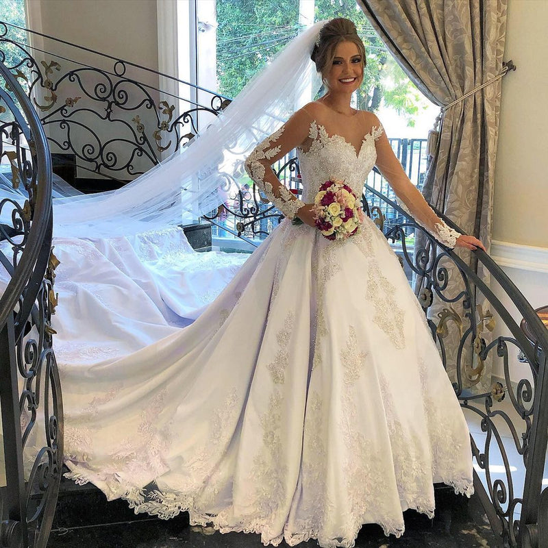 Lace Wedding Dresses Princess Bridal Gown Ivory Jewel Neck Short Sleev –  Dbrbridal