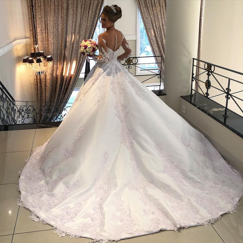 Elegant Long Sleeve Lace Wedding Dress Princess Bridal Wear Zipper Back-Ballbella