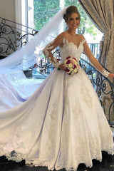 Elegant Long Sleeve Lace Wedding Dress Princess Bridal Wear Zipper Back-Ballbella