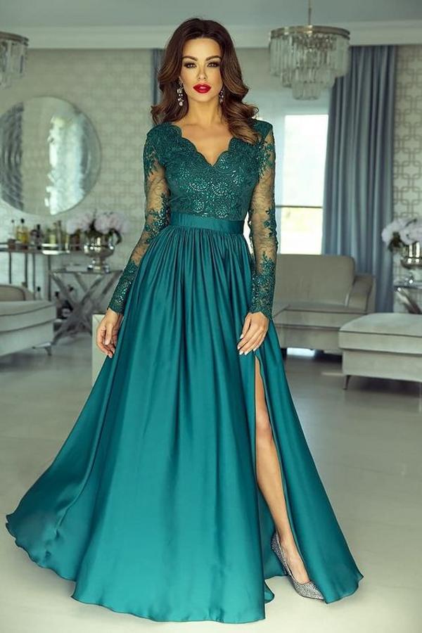 Elegant Long Sleeve Prom Dress Lace Appliques Evening Gowns With Split-Ballbella