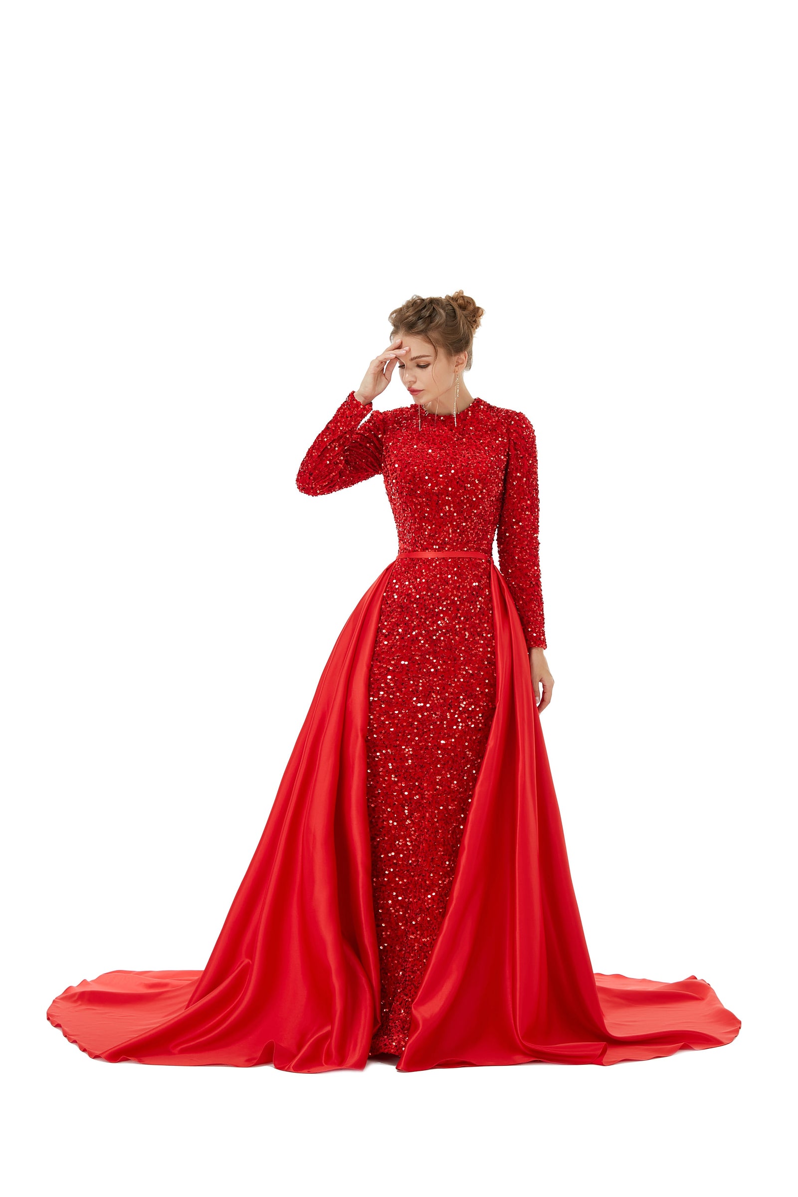 Elegant Long sleeve Sequin Evening Dress with Detachable Skirt