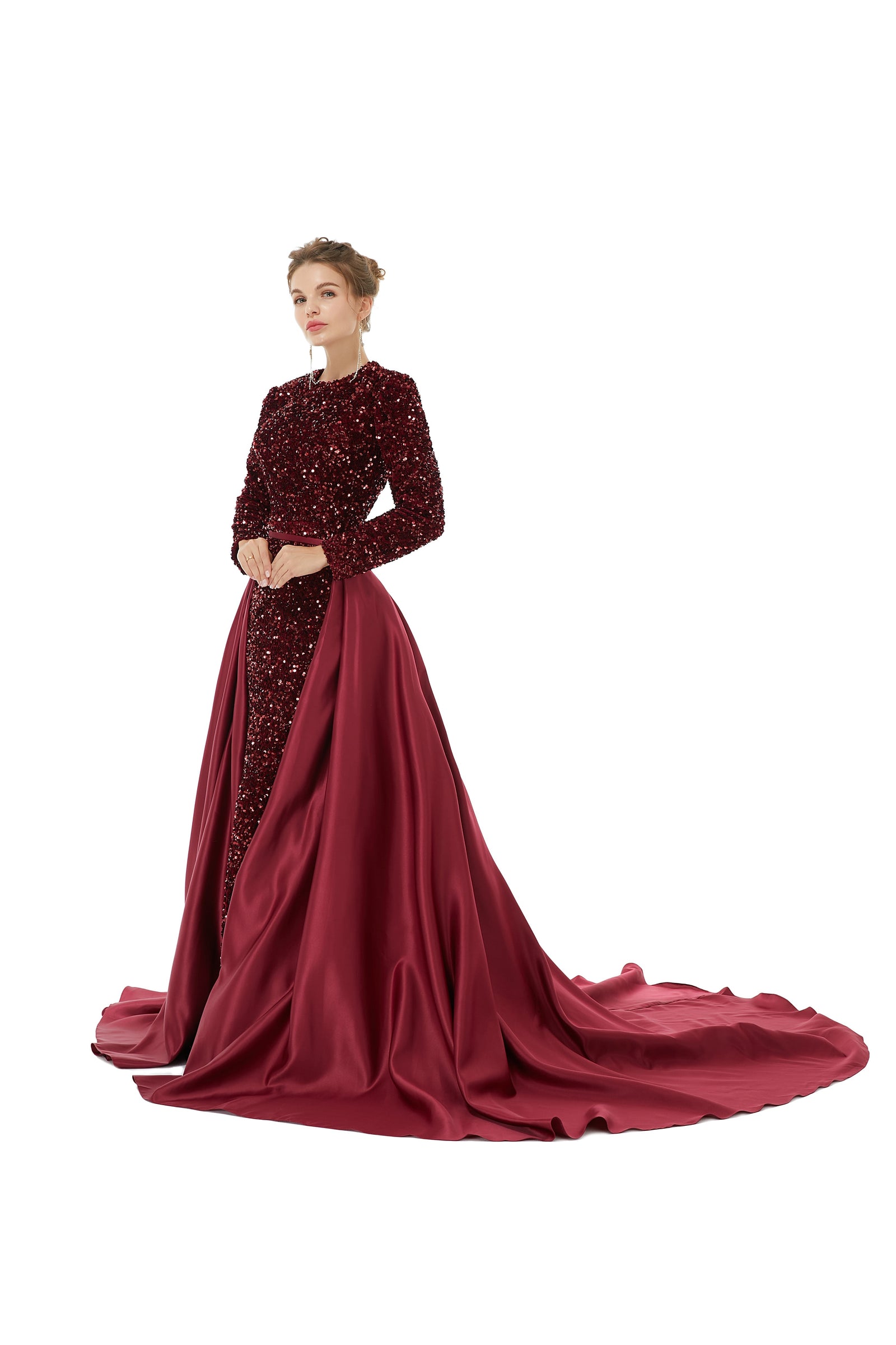 Elegant Long sleeve Sequin Evening Dress with Detachable Skirt