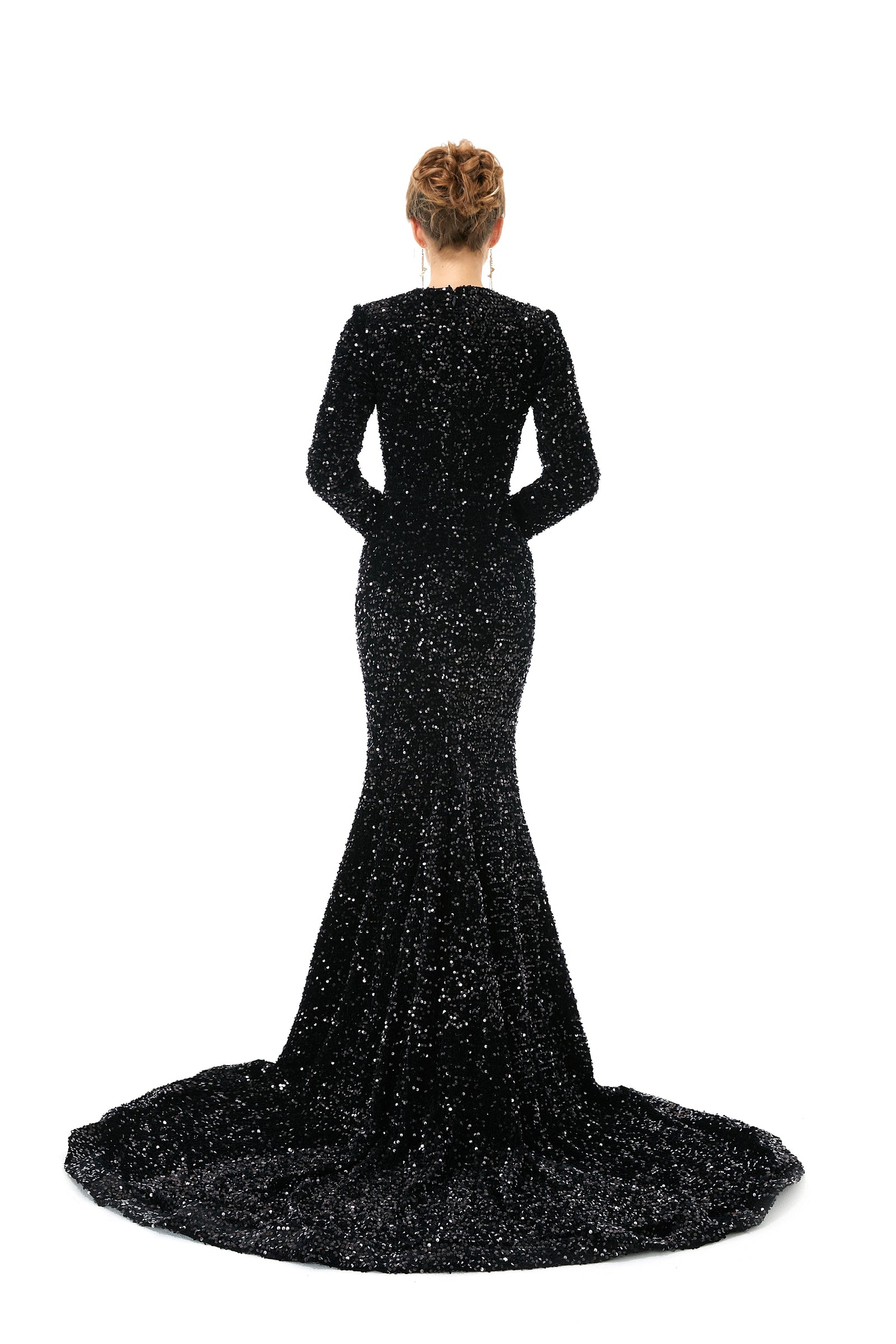 black sequin formal dress long sleeve Elegant Long sleeve Sequin Evening Dress with Detachable Skirt