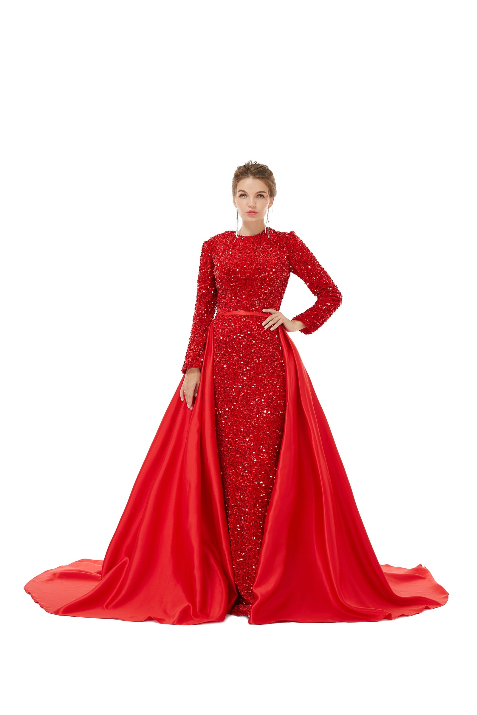 Elegant Long sleeve Sequin Evening Dress with Detachable Skirt