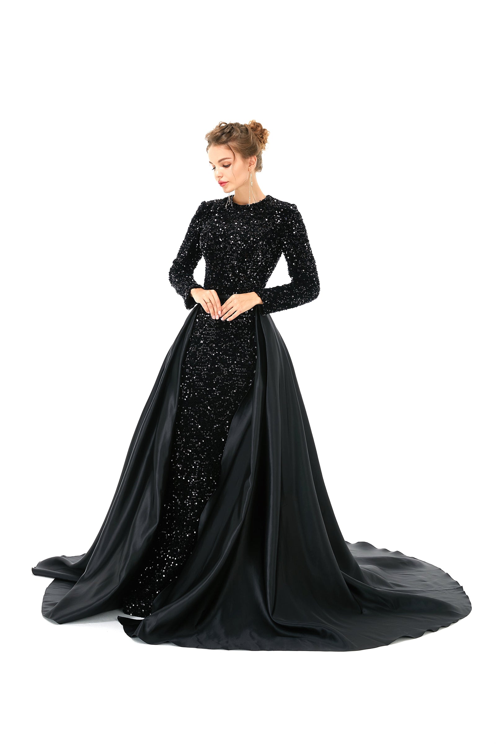 Elegant Long sleeve Sequin Evening Dress with Detachable Skirt | Ballb   Ballbella