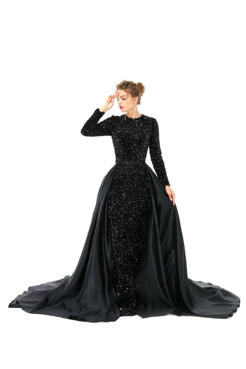 Elegant Long sleeve Sequin Evening Dress with Detachable Skirt | Ballbella Real Shooting-Ballbella