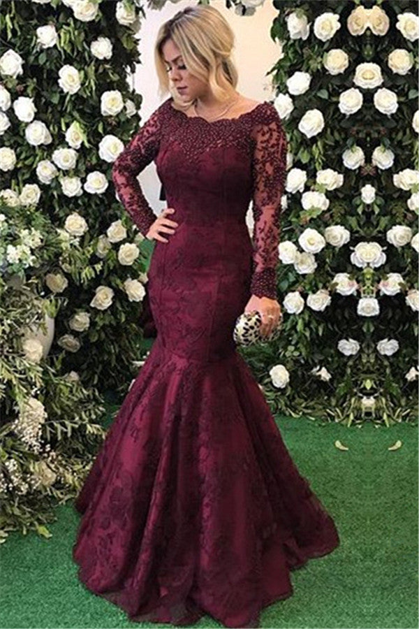 Elegant Long Sleeves Burgundy Evening Dress Mermaid Lace Appliques-Ballbella