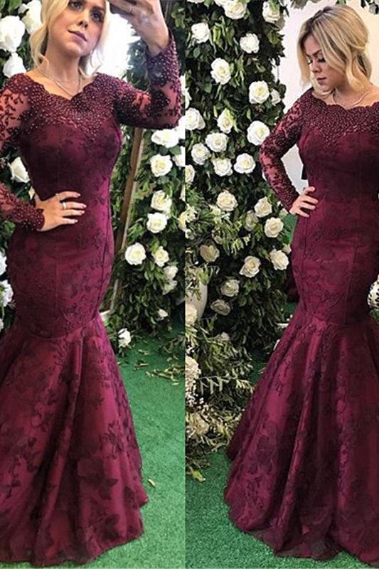 Elegant Long Sleeves Burgundy Evening Dress Mermaid Lace Appliques-Ballbella