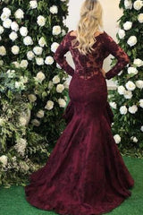 Elegant Long Sleeves Burgundy Evening Dress Mermaid Lace Appliques-Ballbella
