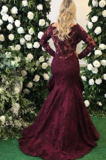 Elegant Long Sleeves Burgundy Evening Dress Mermaid Lace Appliques