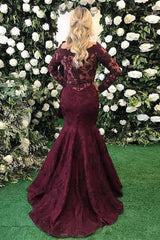 Elegant Long Sleeves Burgundy Evening Dress Mermaid Lace Appliques-Ballbella