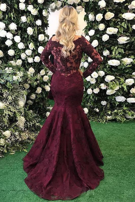 Elegant Long Sleeves Burgundy Evening Dress Mermaid Lace Appliques