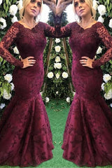 Elegant Long Sleeves Burgundy Evening Dress Mermaid Lace Appliques-Ballbella
