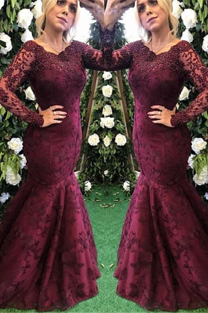 Elegant Long Sleeves Burgundy Evening Dress Mermaid Lace Appliques-Ballbella