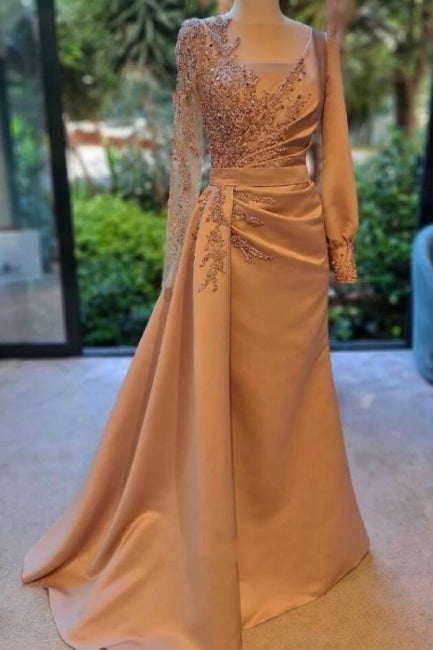 Elegant Long Sleeves Prom Dress Floral Evening Party Dress with Side Sweep Train-Ballbella