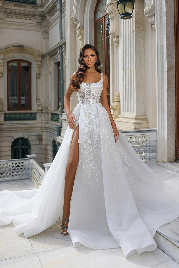 Elegant Long White Straps Sleeveless Lace Wedding Dress Long Slit Online-Ballbella