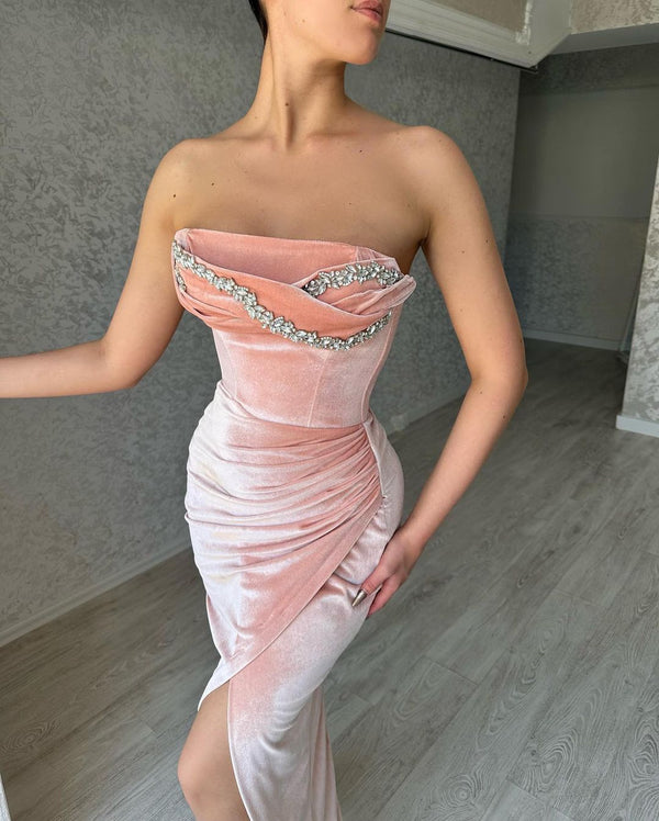Elegant Mermaid Classic Sleeveless Crystal Prom Dresses Long Slit Online-Ballbella