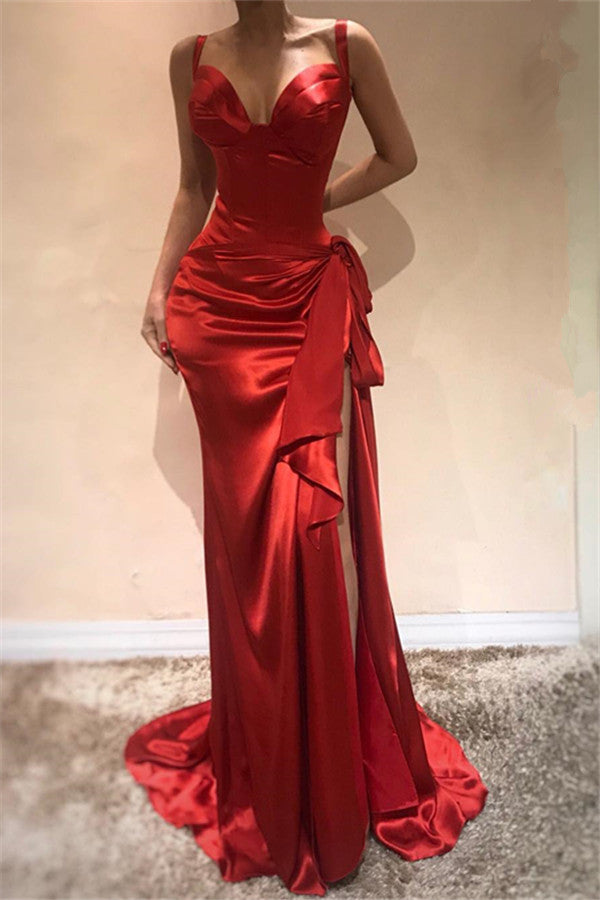 Wanna Prom Dresses, Evening Dresses in Column style,  and delicate Ruffles work? Ballbella has all covered on this elegant Elegant Mermaid Scarlet Spaghetti Straps Evening Dresses Chic High Split Sleeveless Prom Dresses On Sale yet cheap price.