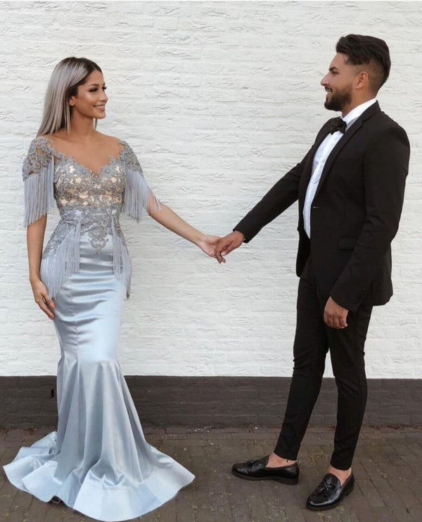 Elegant Mermaid Sky Blue Evening Gowns V-Neck Prom Dresses with Tassels. Free shipping,  high quality,  fast delivery,  made to order dress. Discount price. Affordable price. Ballbella