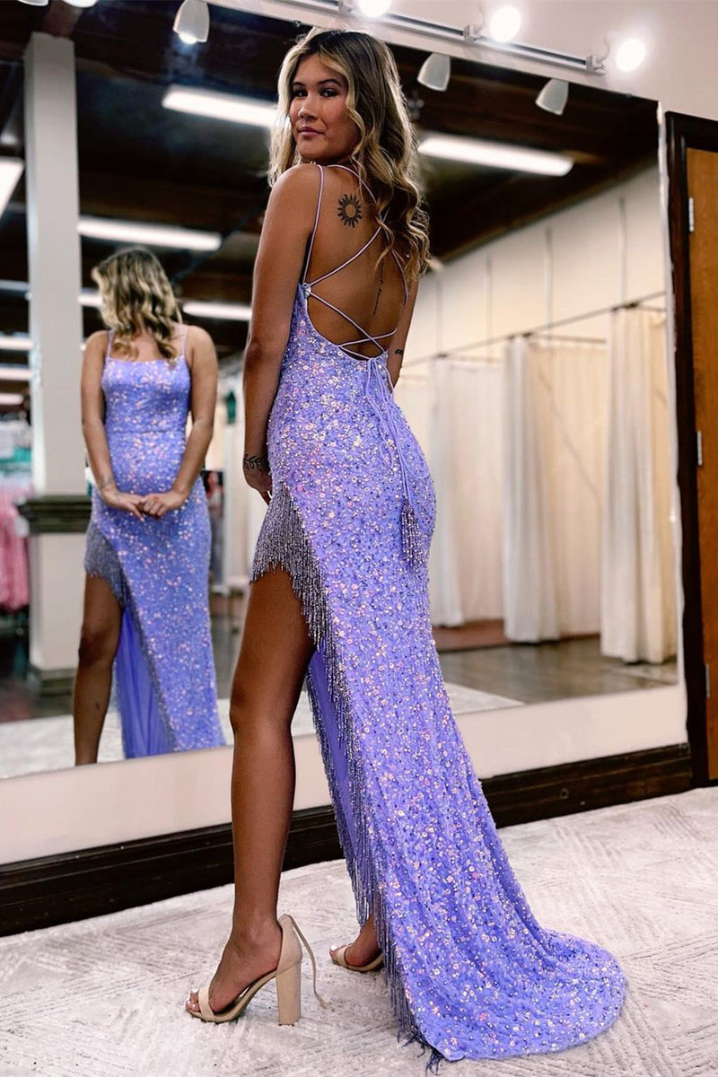 Elegant Mermaid Sleeveless Sequined Prom DressSplit Online Spaghetti-S –  Ballbella