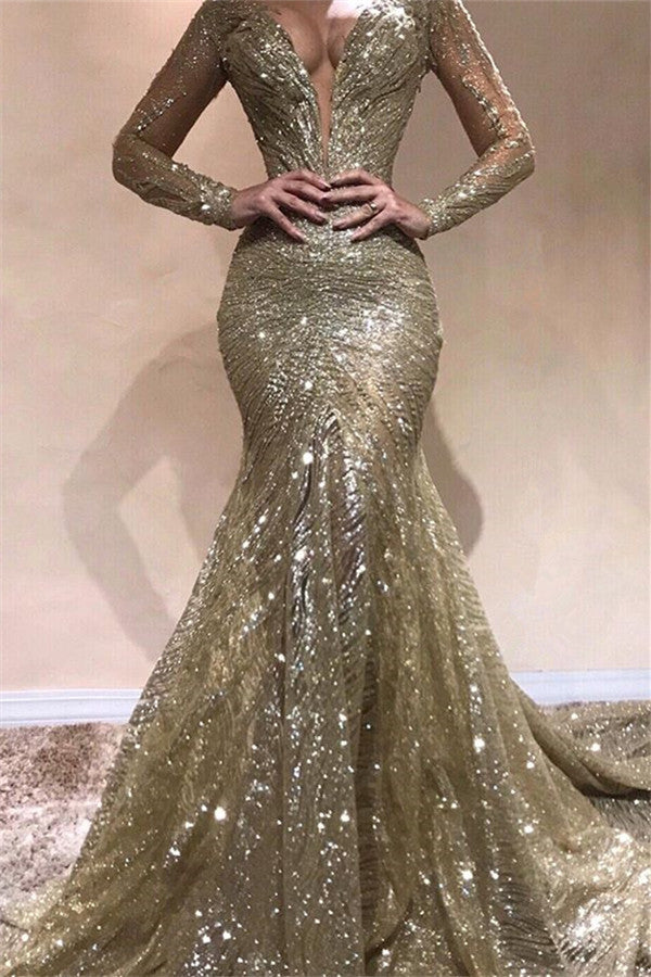 Still not know where to get your dresses for prom online? Ballbella offer you new arrival Elegant Mermaid V-Neck Long Sleevess Sequins Prom Dresses at factory price,  fast delivery worldwide.