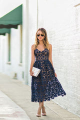 Ballbella offers Elegant Navy Blue Lace Ankle-length Homecoming Dress at a cheap price from Lace to A-line Tea-length hem. Gorgeous yet affordable  Prom Dresses