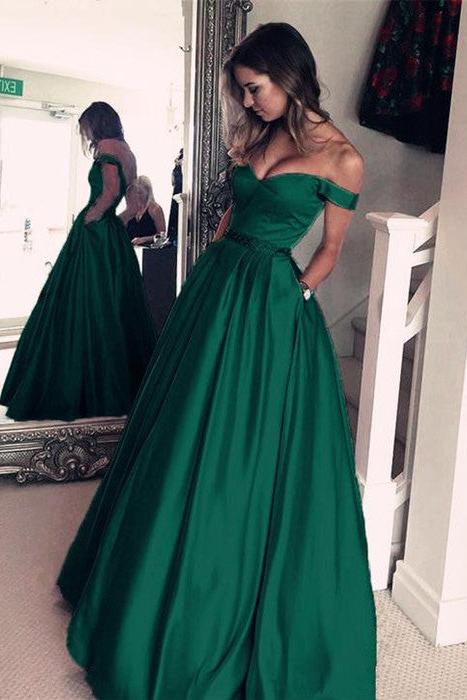Elegant Off-the-Shoulder Evening Dress Green Long Prom Party Gowns ...