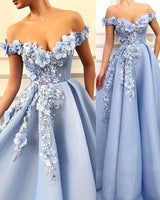 Do not know where to get Elegant Off-The-Shoulder Flower Appliques Sleeveless A-Line Prom Party Gowns? Ballbella is here for you,  you can find all kinds of styles affordable prom dresses,  30+ colors available.