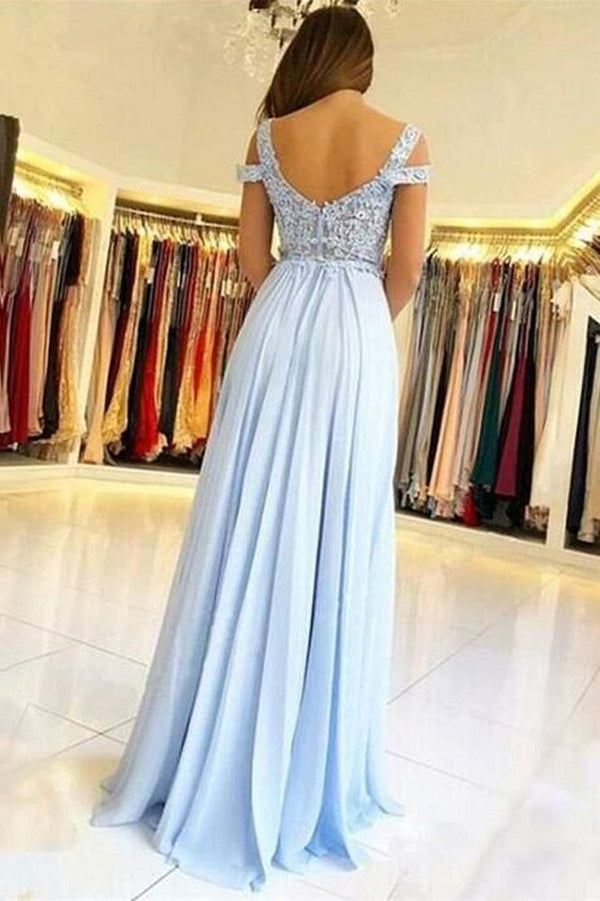 Wanna Prom Dresses, Evening Dresses in 100D Chiffon,  A-line style,  and delicate Lace, Appliques, Split Front work? Ballbella has all covered on this elegant Elegant Off-the-shoulder Low Back Prom dresses with Chic High Split Ligh Sky blue Evening Gowns with Lace appliques yet cheap price.