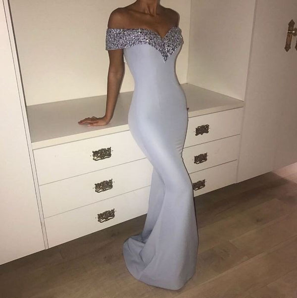 Ballbella custom made elegant off-the-shoulder crystal mermaid evening dress,  prom party dress on sale. We offer extra coupons,  make in cheap and affordable price. We provide worldwide shipping and will make the dress perfect for everyone.