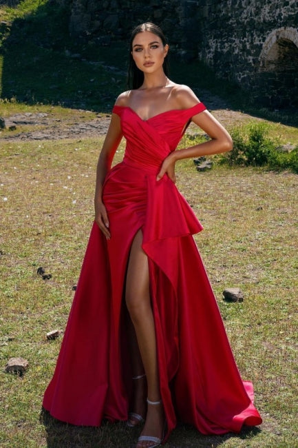 Elegant Off-the-Shoulder Red Prom Dress Long With Slit-Ballbella