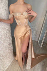 Elegant Off-the-shoulder Sequins Sleeveless Mermaid Evening Dresses With Split-Ballbella