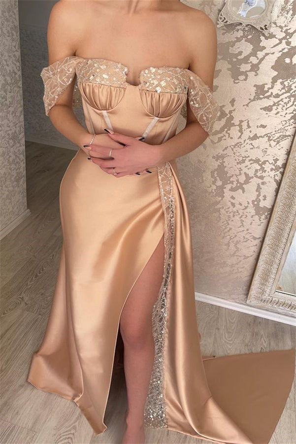 Elegant Off-the-shoulder Sequins Sleeveless Mermaid Evening Dresses With Split-Ballbella