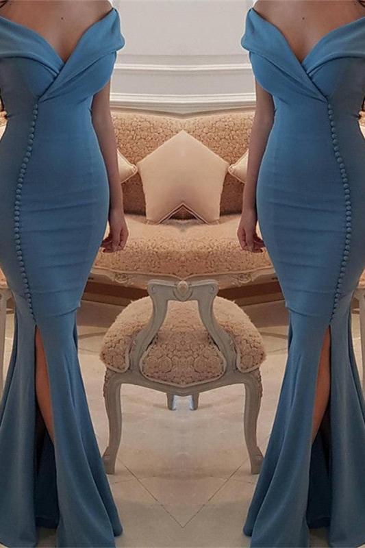 Elegant Off-the-Shoulder Slit Mermaid Buttons Evening Dress Long On Sale-Ballbella