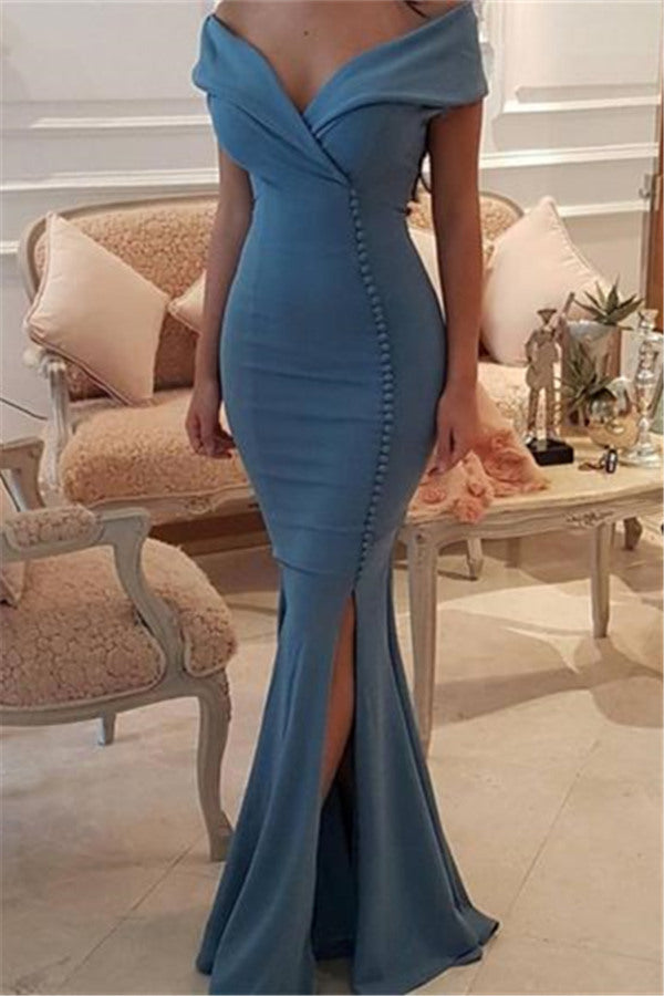 Elegant Off-the-Shoulder Slit Mermaid Buttons Evening Dress Long On Sale-Ballbella