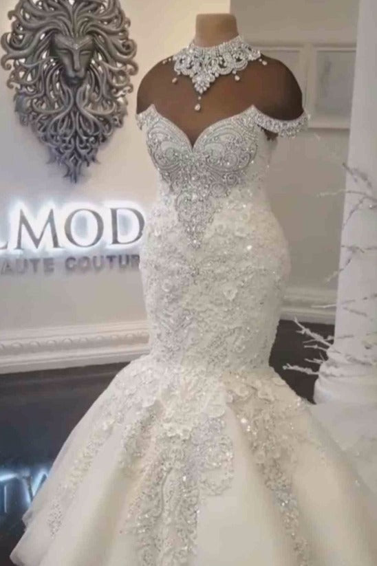 Elegant Off-the-shoulder Sweetheart Mermaid Wedding Dress Sequins Long-Ballbella